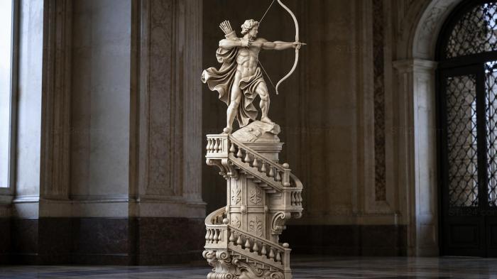 A figurine of Cupid with a bow on an architectural column with a spiral staircase 3d STL model