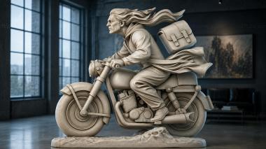 Statues of men A motorcyclist with a backpack on a moving bike 3d model