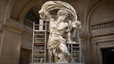 Statues of men Muscular torso with flowing fabric and scaffolding 3d model