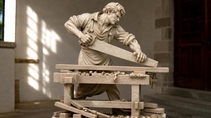 Carpenter with a plane at a workbench - figure of a craftsman 3d STL model