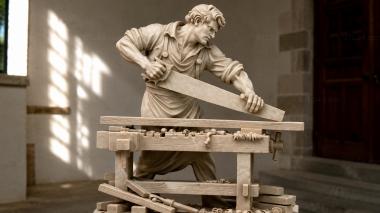 Statues of men Carpenter with a plane at a workbench - figure of a craftsman 3d model