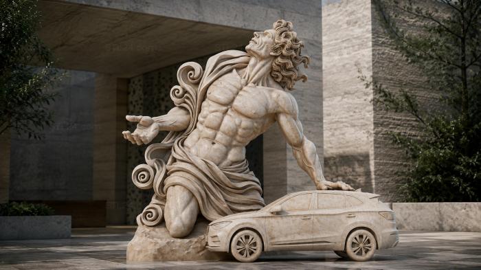 Muscular lion demon on a car with decorative swirls 3d STL model