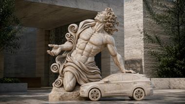 Statues of men Muscular lion demon on a car with decorative swirls 3d model