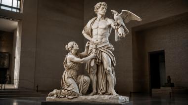 Statues of men Winged angel with a woman in chainmail, classical relief 3d model