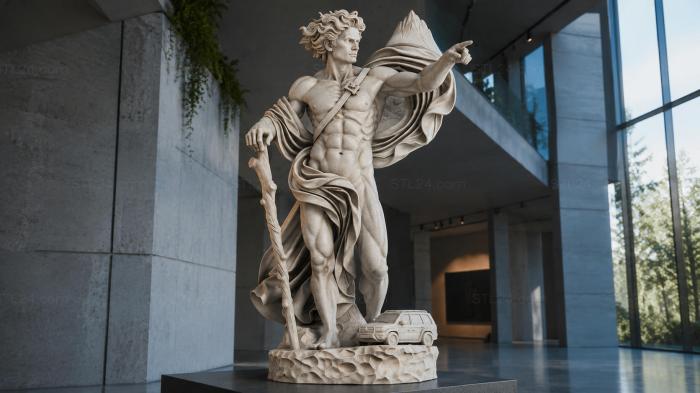 Male sculpture of an angel with wings and a staff 3d STL model