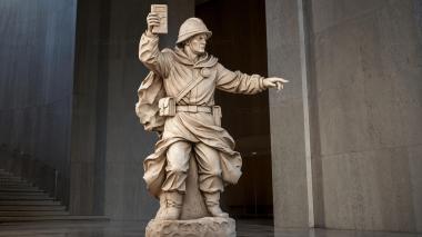 Statues of men WWI soldier with document and rifle, relief sculpture 3d model
