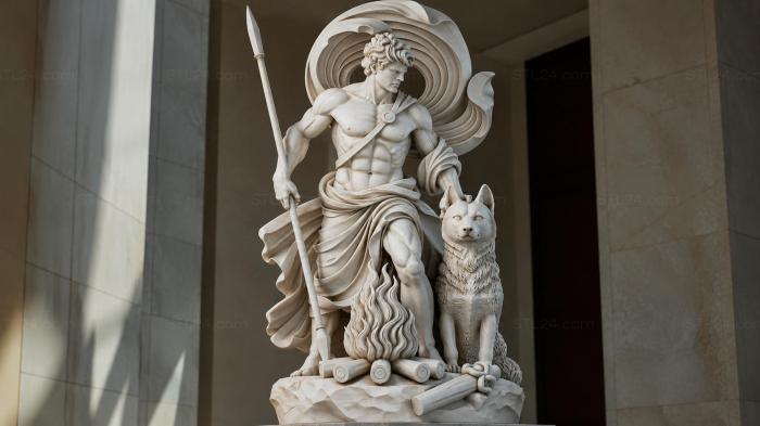 Warrior with a Spear and a Wolf Statue 3d STL model