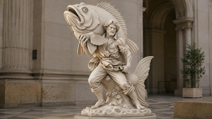 An anthropomorphic sculpture of a fisherman with a large fish 3d STL model