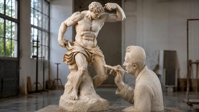 Sculptural composition of an artist with a nude figure of an athlete 3d STL model