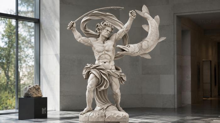 Male figure with a dolphin and a trident - bas-relief 3d STL model