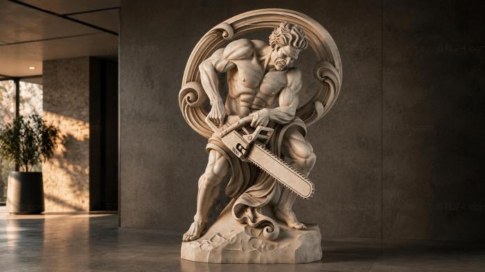 Muscular angel with a chainsaw and a round cartouche 3d STL model