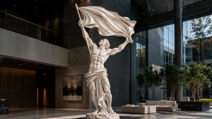Statue of a muscular man with a waving flag 3d STL model