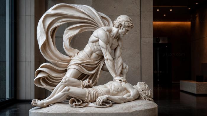 Angel with a flowing cloak over a sleeping warrior 3d STL model