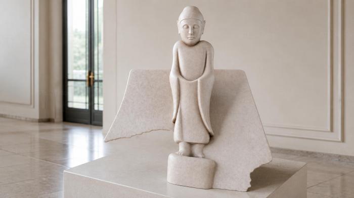 A figurine of a seated man with wings on a pedestal 3d STL model