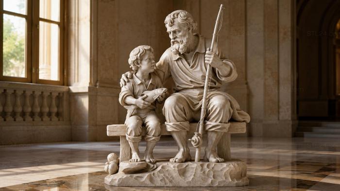 An old man and a boy on a bench holding a gun, bas-relief composition 3d STL model