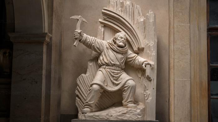 Miner with a pickaxe, sculptural relief 3d STL model