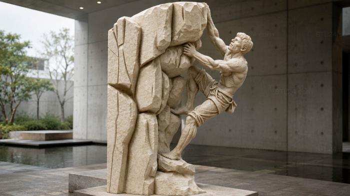 Sculptural relief of a man on a rock wall with cubic elements 3d STL model