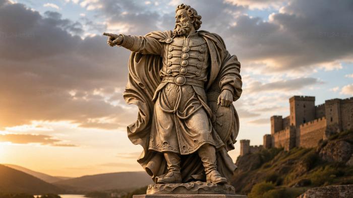 Statue of a bearded warrior in military attire with his hand raised 3d STL model