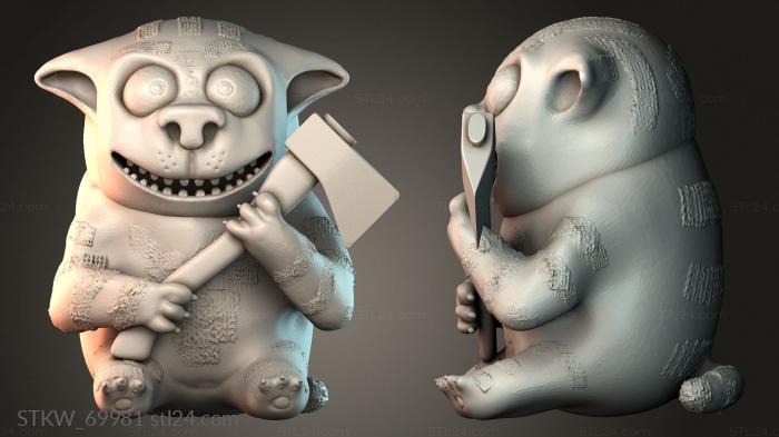 The dog holds the ax